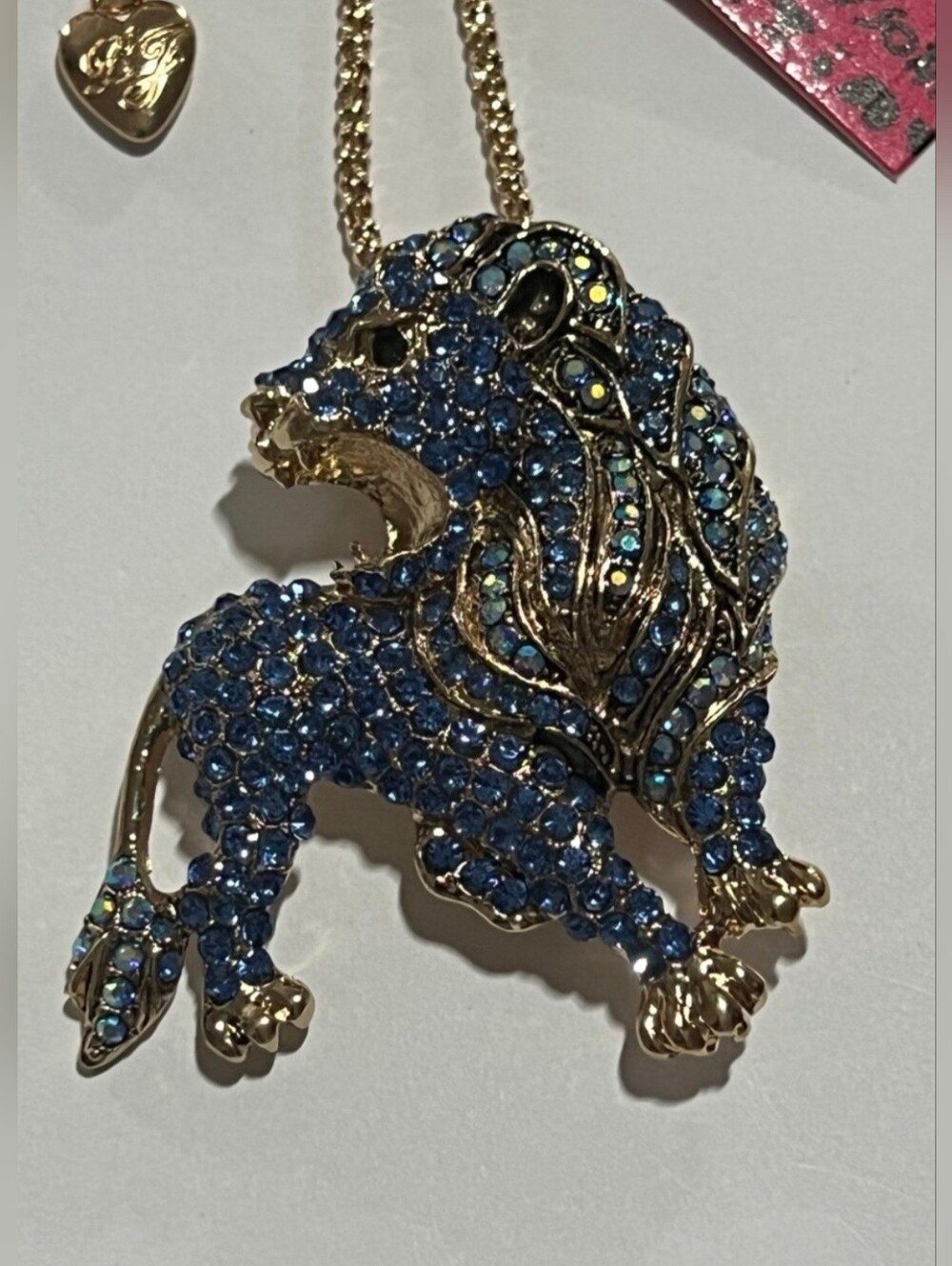Betsey Johnson Blue Rhinestone Bling Lion Necklace Or Brooch In Gold Tone NWT
